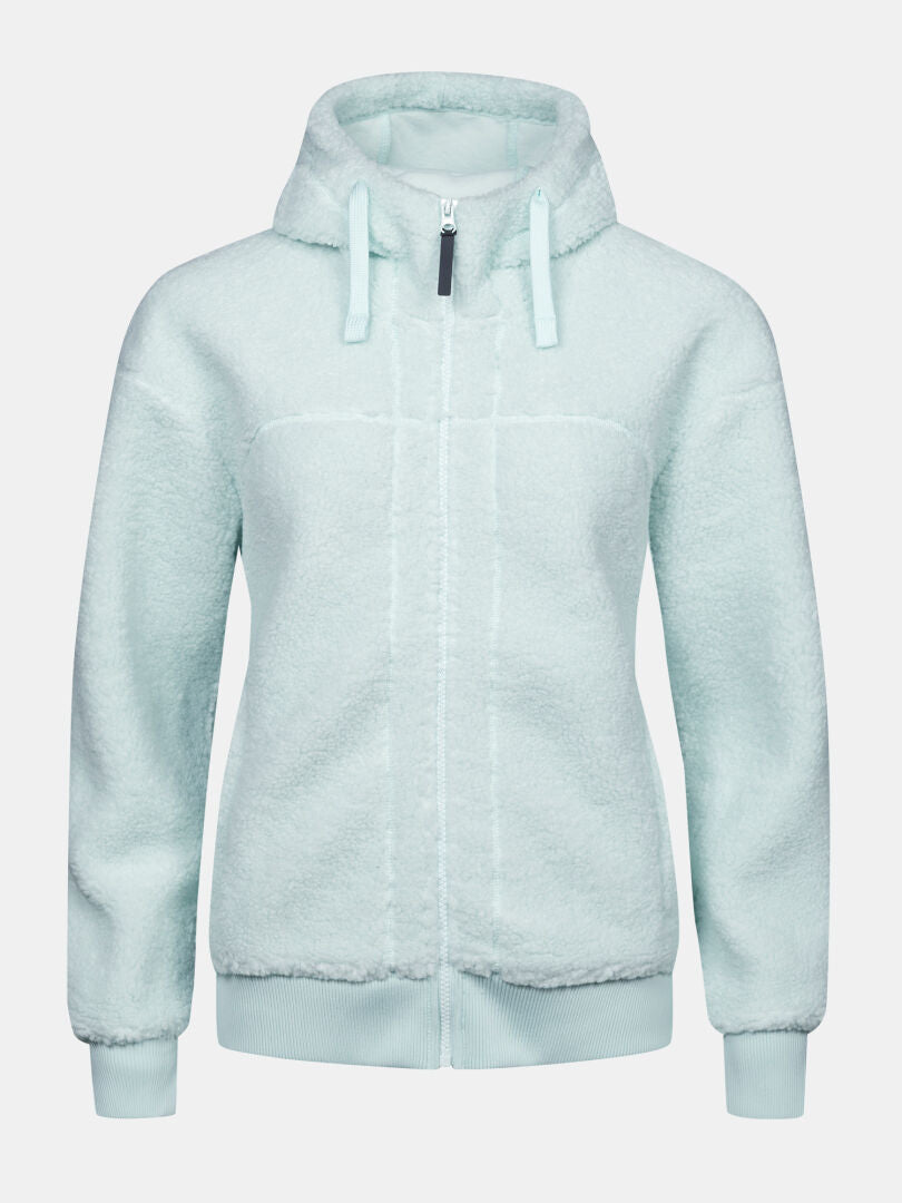 Halti Lykky Women’s fleece jacket—light blue, zip-up hood, drawstrings, ribbed cuffs—for everyday comfort.