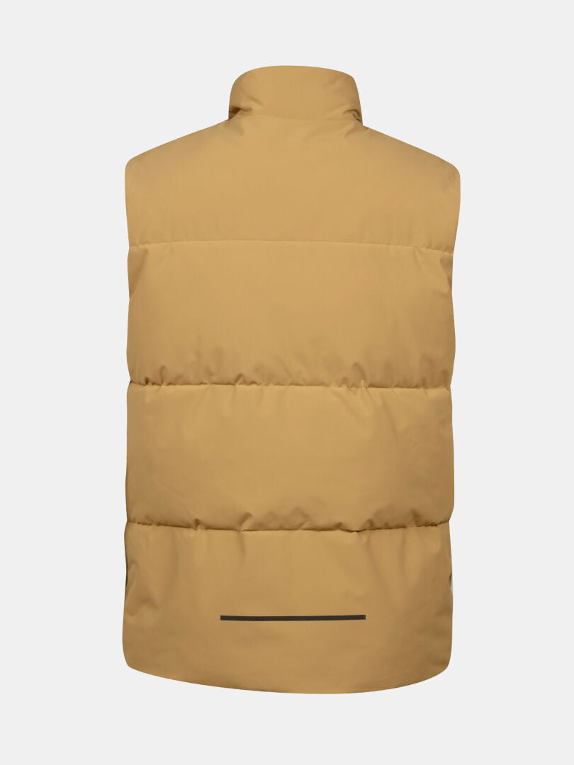 The Halti Penger Classic Men's Puffer Vest in tan, shown from the back, has a horizontal zipper pocket near the hem.