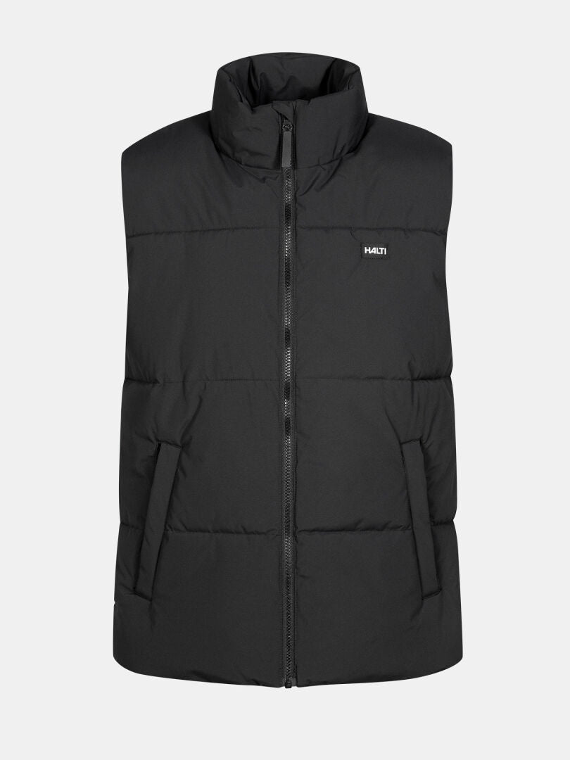 The Halti Penger Classic Puffer Vest Men's in black features recycled polyester, a high collar, and front zipper.