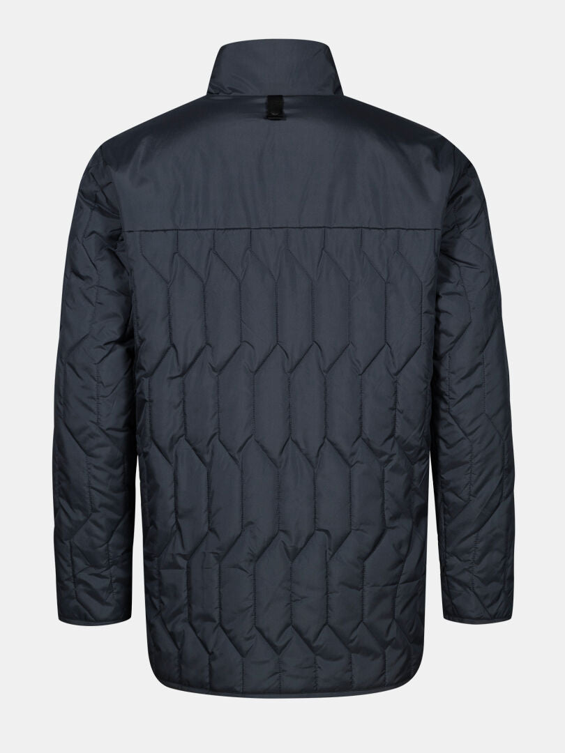 The Halti Synkas II 3in1 DX Parka Men's in navy blue features a straight collar, long sleeves, and quilted back.
