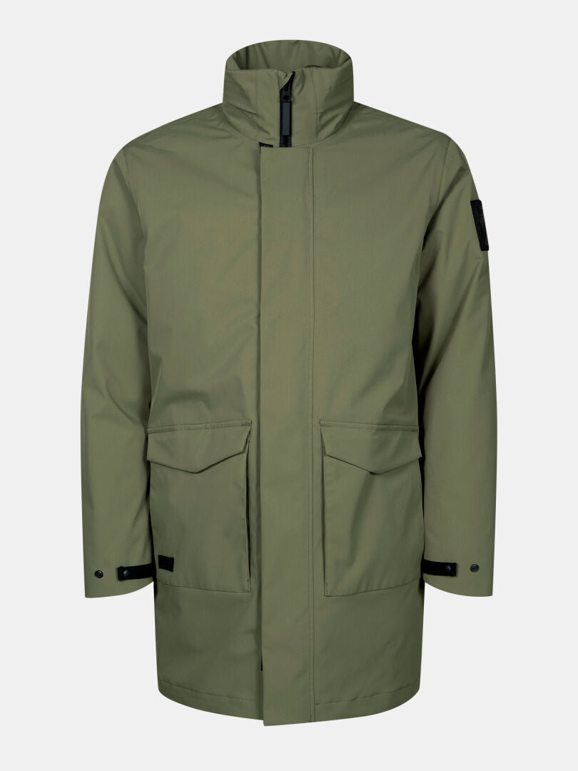 Halti Synkas II 3in1 DX Parka Men's in olive green with high collar, hidden zip, flap pockets, and adjustable cuffs.