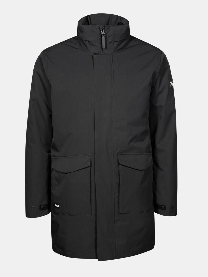 The Halti Synkas II 3in1 DX Parka Men's is a long black waterproof hooded jacket with zipper, high collar, and front pockets.