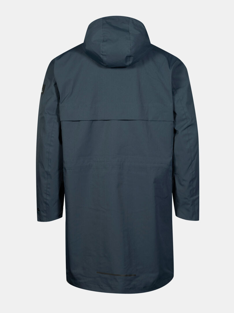 The Halti Tokoi II DX Parka Jacket Mens, in dark blue recycled polyester, is shown from the back on a white background.