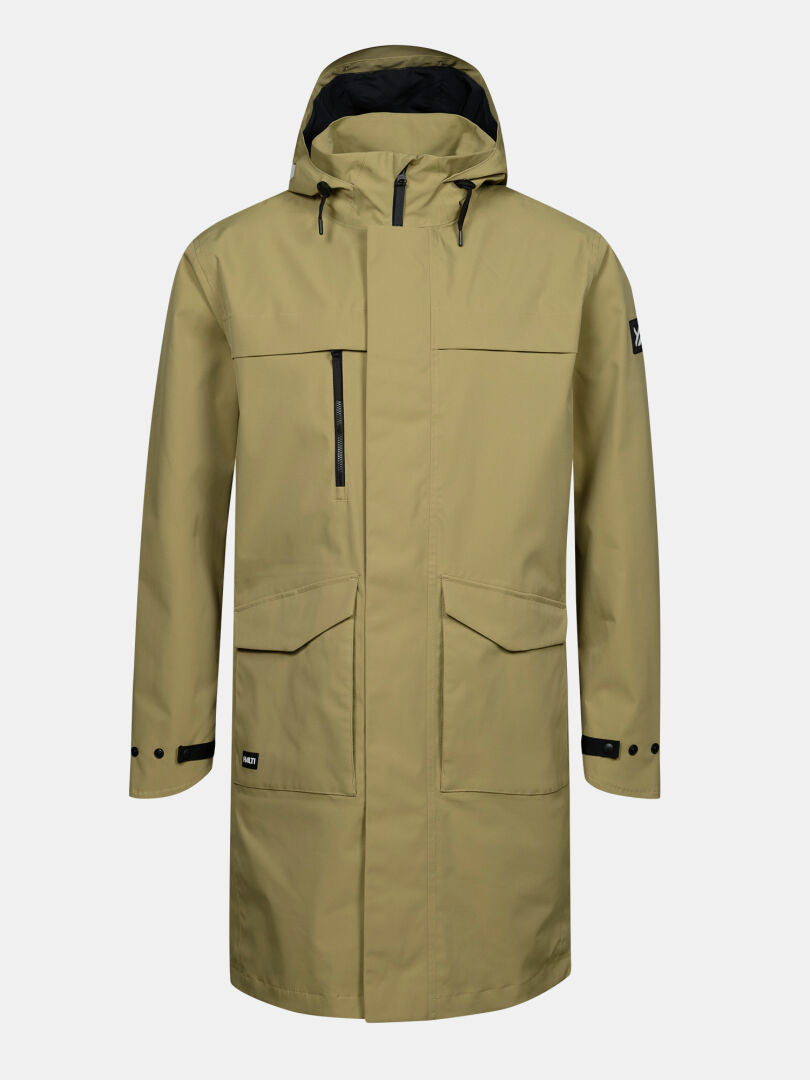 Halti Tokoi II DX Parka: men’s long khaki rain jacket with hood, black zippers, DrymaxX shell, large front pockets.