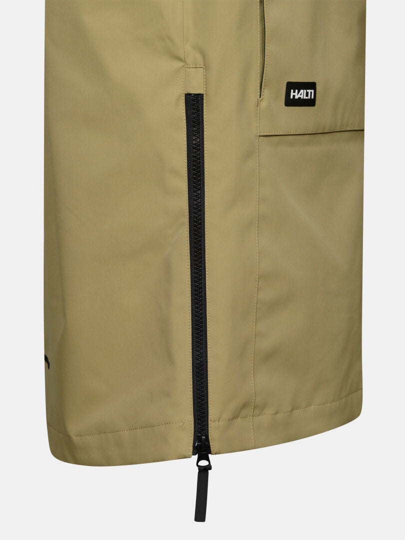 Close-up of Halti Tokoi II DX Parka Men’s in khaki with black zipper and logo, made from DrymaxX® shell fabric.