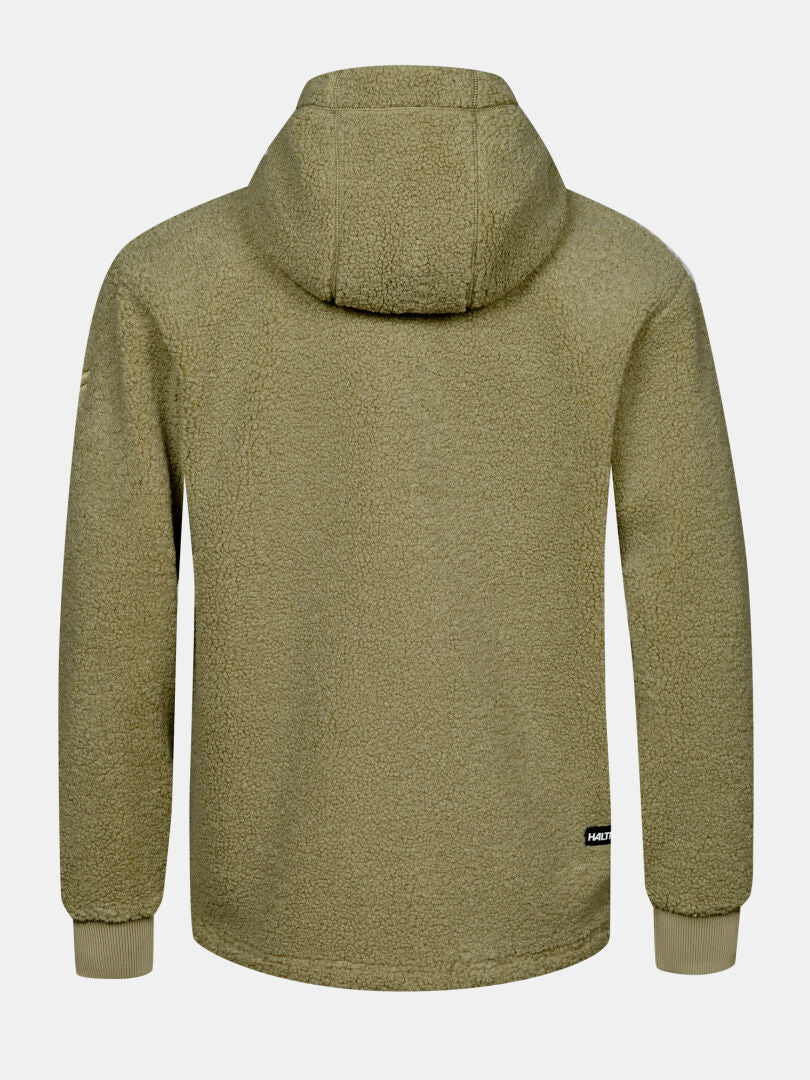 Halti Lykky Fleece Jacket Men’s in khaki green, hoodie-style with ribbed cuffs and black hem tag—perfect for urban life.