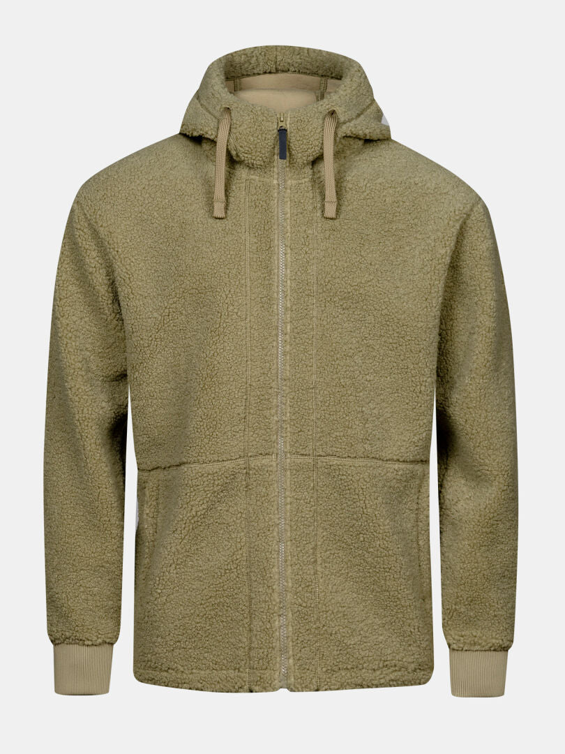 Halti Lykky Fleece Jacket Men’s: light brown, hoodie details, front pockets, drawstrings—ideal for urban explorers.