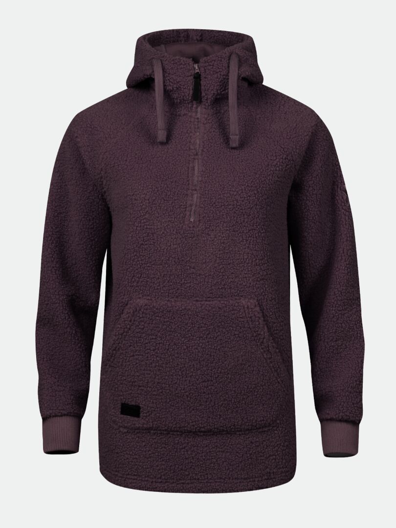 Halti Lykky Fleece Pullover Womens: dark brown half-zip hoodie with kangaroo pocket and ribbed cuffs.