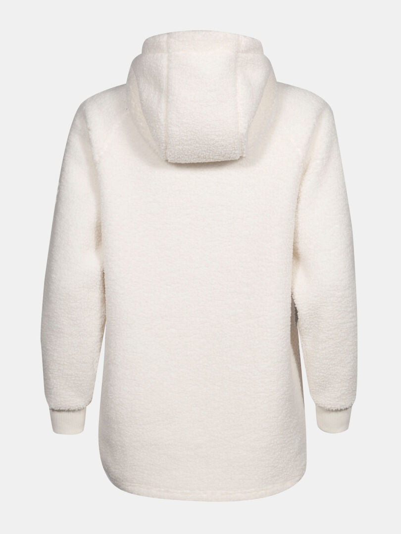 Back view of Halti Lykky Fleece Pullover Womens, long-sleeve hooded jacket with ribbed cuffs on plain background.