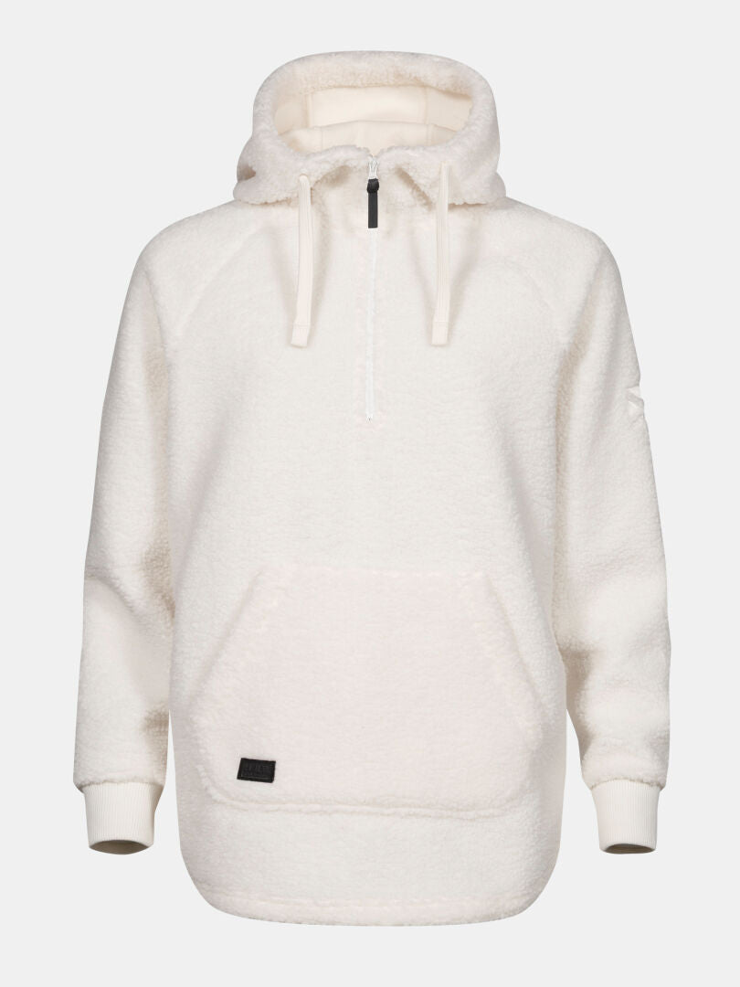 The Halti Lykky Fleece Pullover Womens hoodie is off-white with a half-zip, drawstrings, large pocket, and ribbed cuffs.