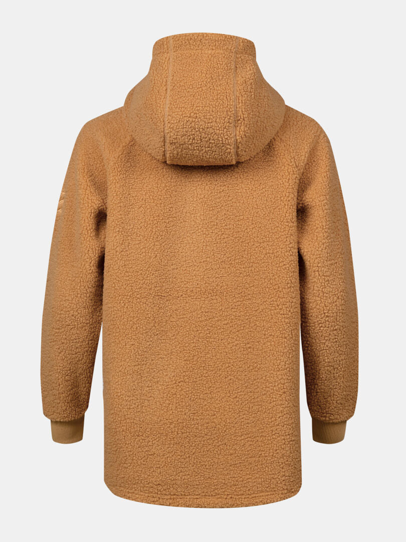The Halti Lykky Fleece Pullover Womens, in brown recycled polyester, features a hood and ribbed cuffs; back view shown.