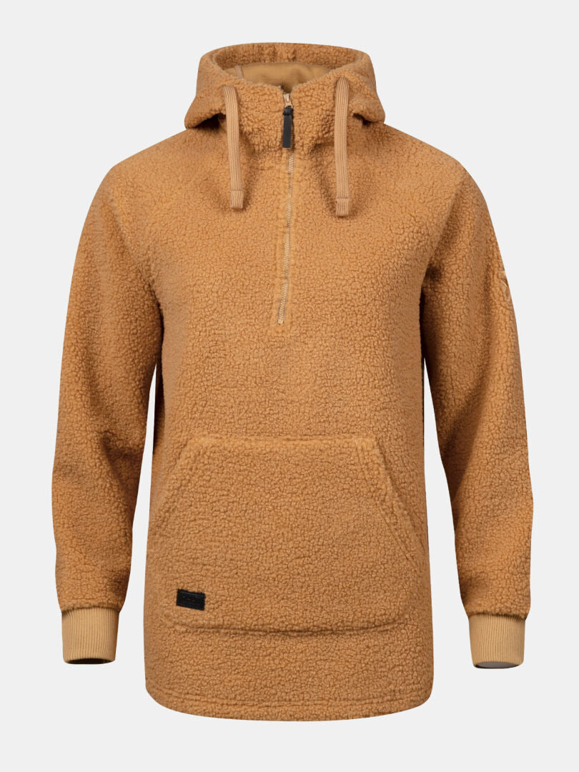 Halti Lykky Fleece Pullover Womens: tan shearling hoodie with half-zip, kangaroo pocket, and ribbed cuffs.