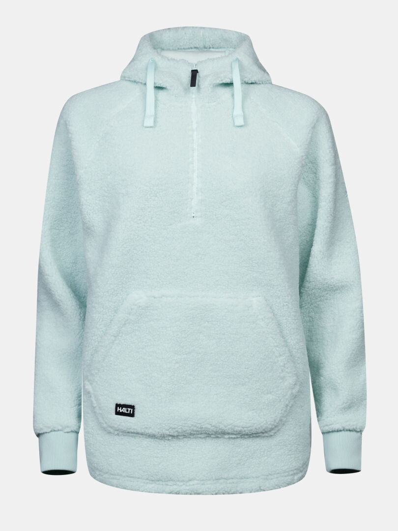 Halti Lykky Fleece Pullover Women’s hoodie with half-zip, front pocket, drawstrings, and ribbed cuffs in light blue.