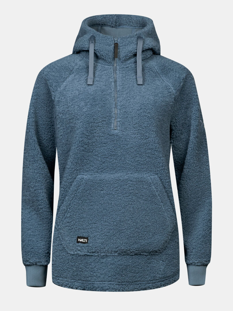 Halti Lykky Fleece Pullover Women’s hoodie with half-zip, kangaroo pocket, and ribbed cuffs on a plain background.