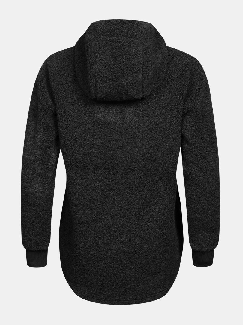 Back view of Halti Lykky Fleece Pullover Women’s hoodie in black, long sleeves, ribbed cuffs, on plain background.