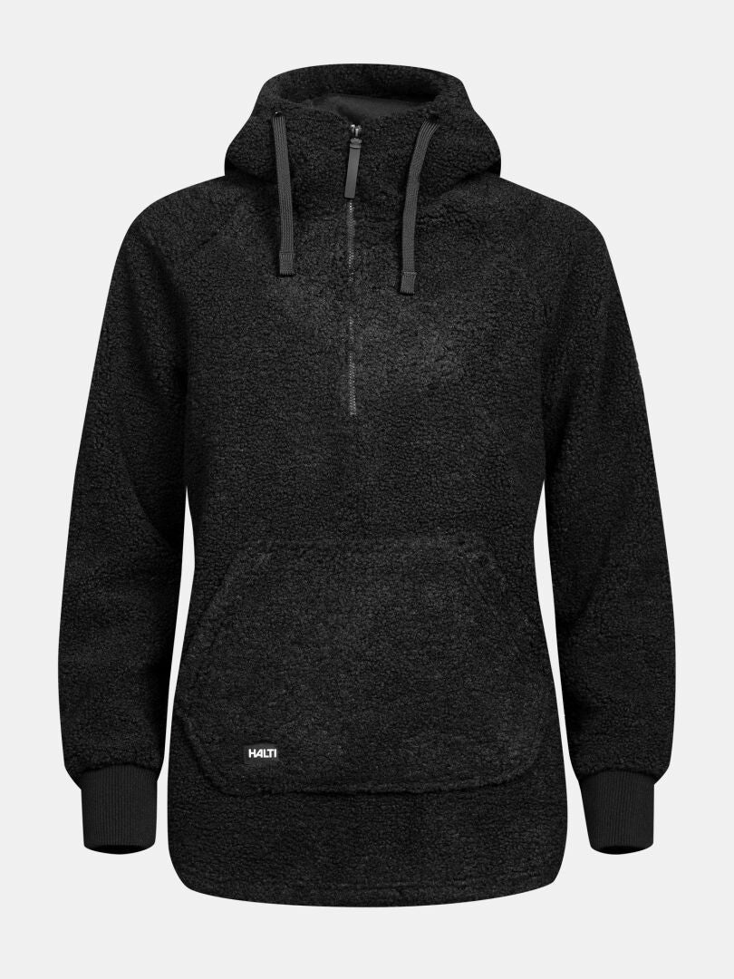 Halti Lykky Fleece Pullover for women: half-zip, drawstring hood, kangaroo pocket, relaxed fit.