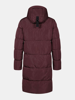 The Halti Sammal Insulated Parka Jacket Womens in maroon with hood and black straps, shown from the back on white.