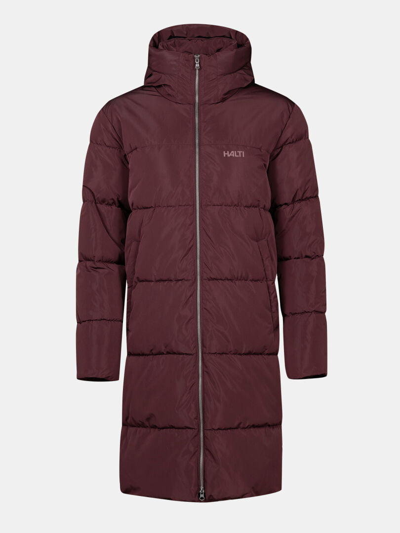 The Halti Sammal Insulated Parka Jacket Womens is maroon, hooded, with a front zipper and chest logo.