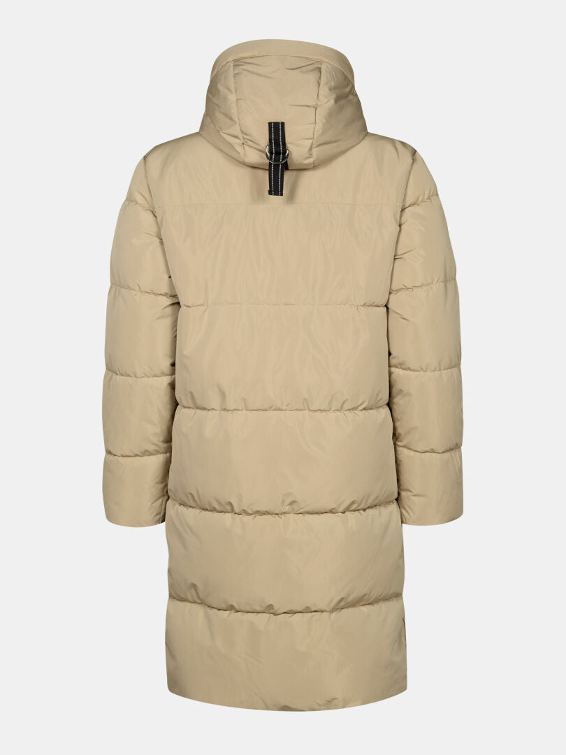 Halti Sammal Insulated Parka Jacket for women in beige, waterproof with hood and black strap detail, shown on white.