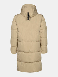 Halti Sammal Insulated Parka Jacket for women in beige, waterproof with hood and black strap detail, shown on white.