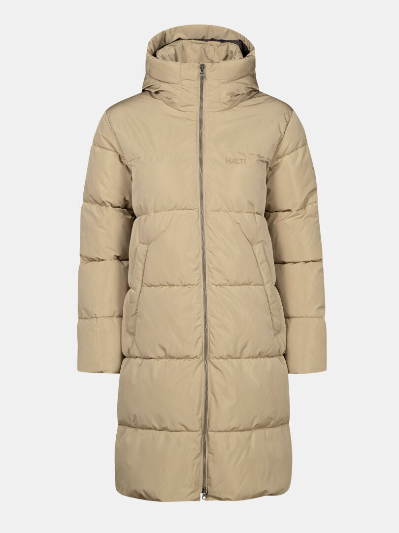 Halti Sammal Insulated Parka Jacket Womens in beige, knee-length with hood, front zipper, and quilted panels.