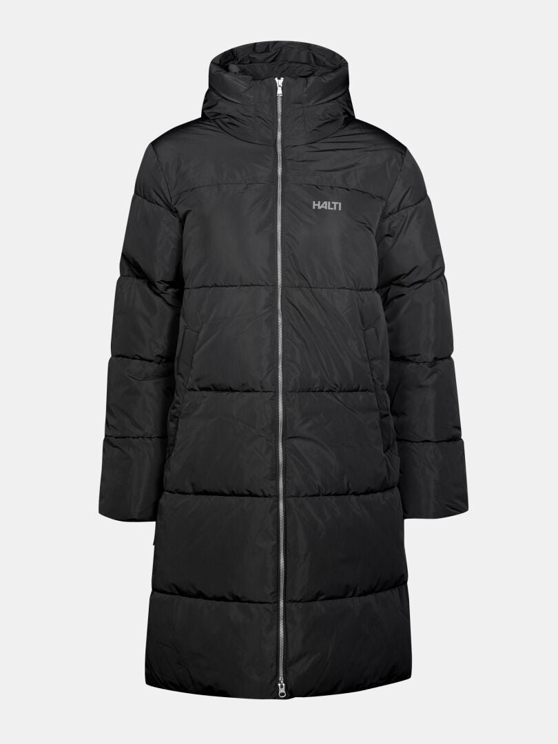 Halti Sammal Insulated Parka Jacket for women with hood, DrymaxX fabric, front zipper, and Halti logo.