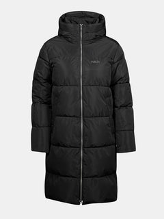Halti Sammal Insulated Parka Jacket Womens: long black waterproof parka with hood, front zipper, and DrymaxX fabric.