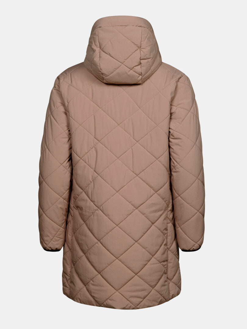 The Halti Haapa Quilted Coat Jacket for women in tan, hooded, shown from the back on a white background.