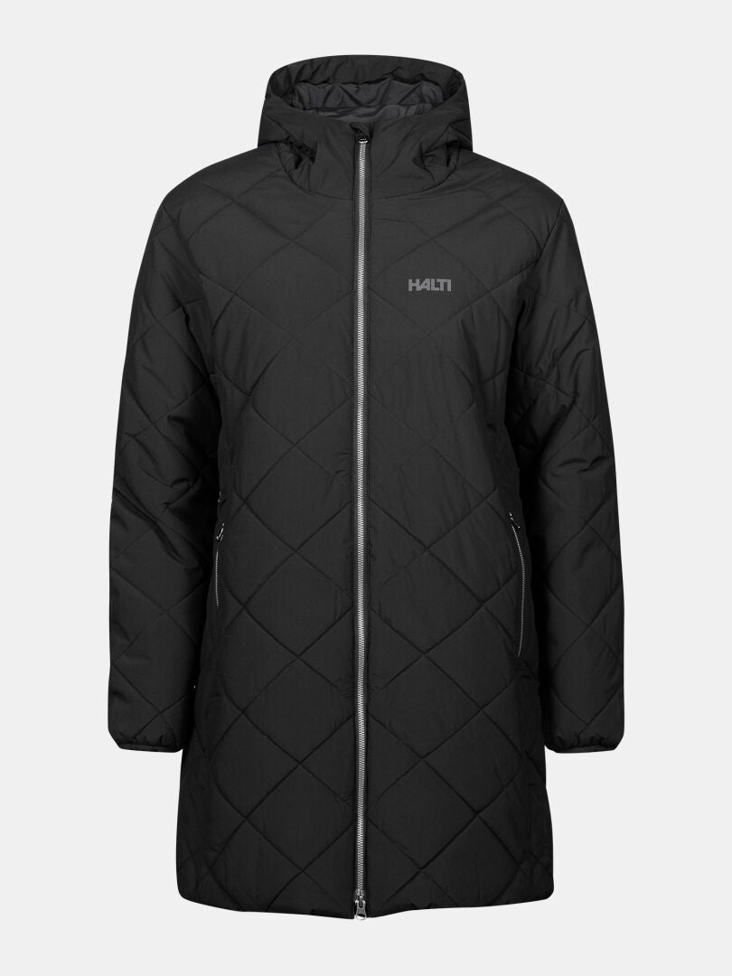 The Halti Haapa Quilted Coat Jacket for women is black, lightweight, with a hood, front zipper, and zippered pockets.
