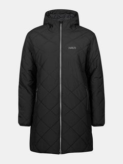 The Halti Haapa Quilted Coat Jacket for women is black, lightweight, with a hood, front zipper, and zippered pockets.