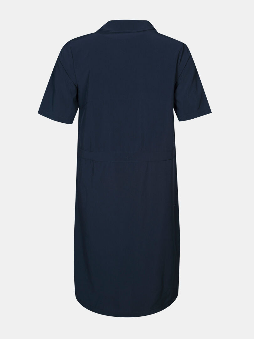 Back view of Halti Chipper II X-stretch Women's navy short sleeve dress in quick-dry stretch fabric, on white background.
