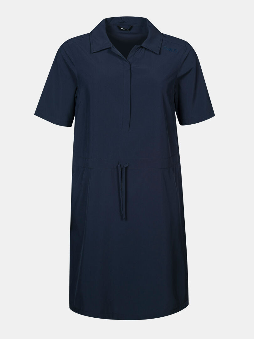 Halti Chipper II X-stretch Dress for women, navy blue, collared, short sleeves, drawstring waist, quick-dry stretch.