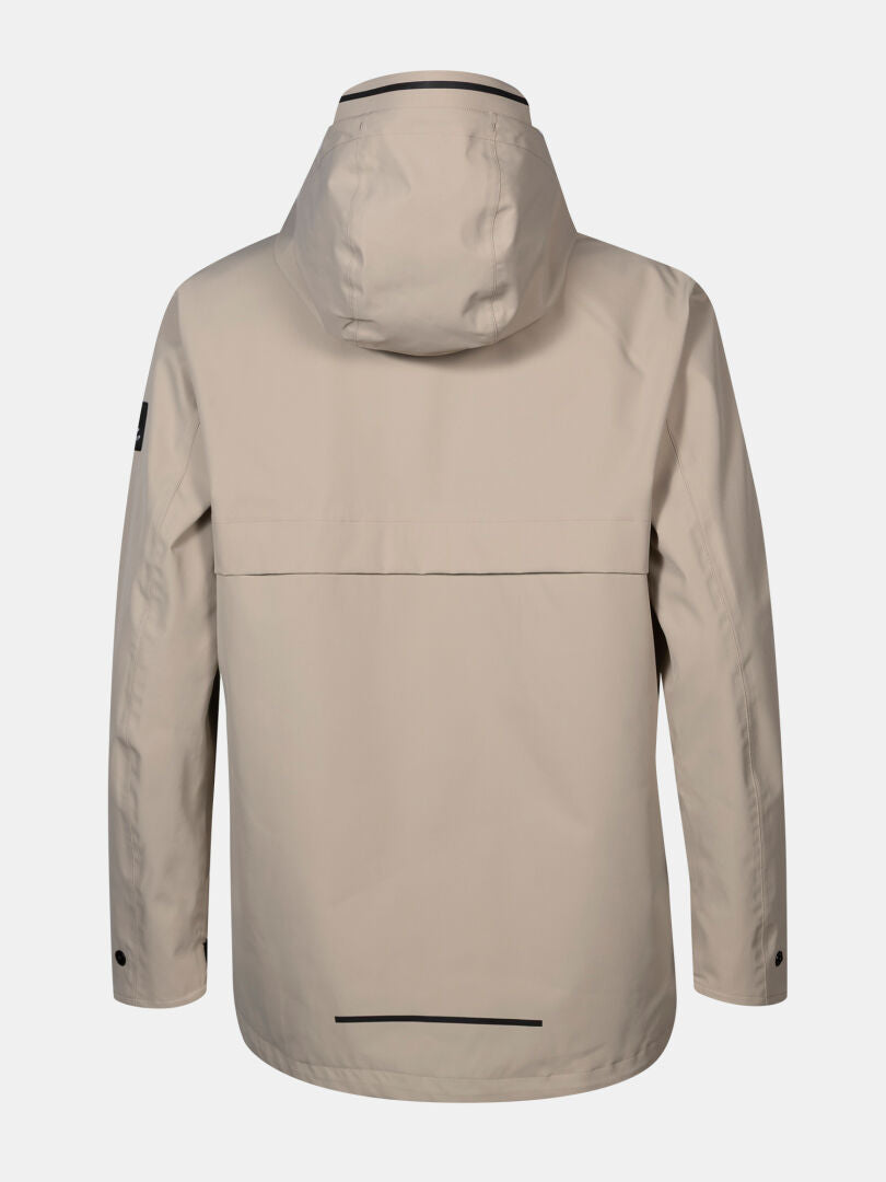 The Halti Tokoi DX Jacket Women's, in beige, shown from the back with hood, long sleeves, and straight hem.