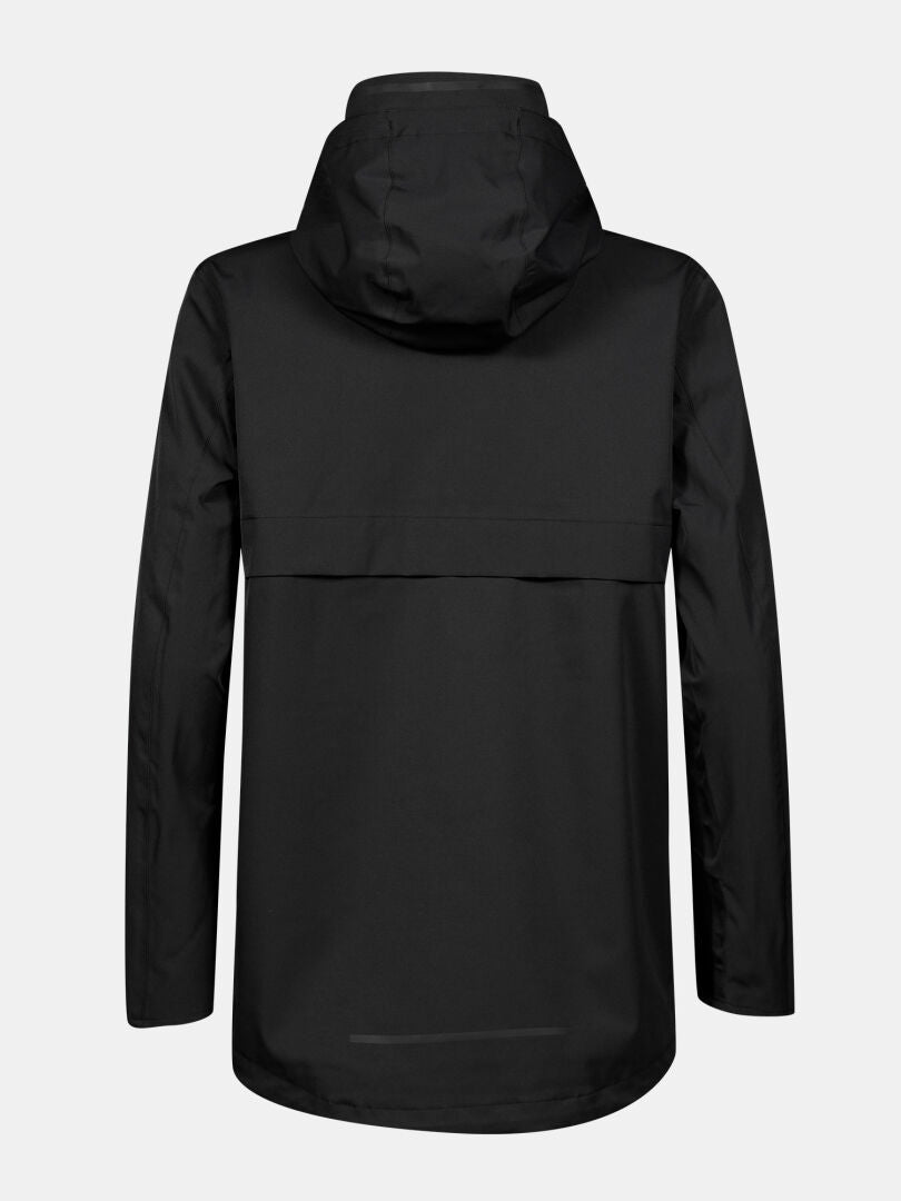 The Halti Tokoi DX Jacket Women's, black and waterproof, is shown from the back on a plain light gray background.