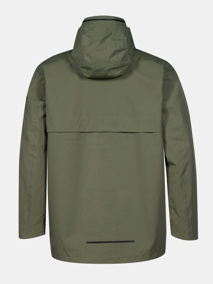 Back view of the Halti Tokoi DX Jacket Men's in olive green, weatherproof with long sleeves and a vented yoke.