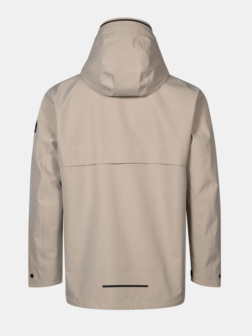 Halti Tokoi DX Jacket Men's in beige, shown from the back with long sleeves, hood, and straight hem. Weatherproof design.