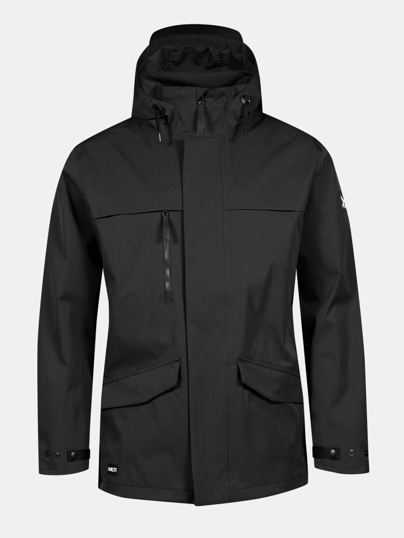 Halti Tokoi DX Jacket Men's: black, weatherproof, hooded, front zipper, chest & lower pockets, adjustable cuffs.