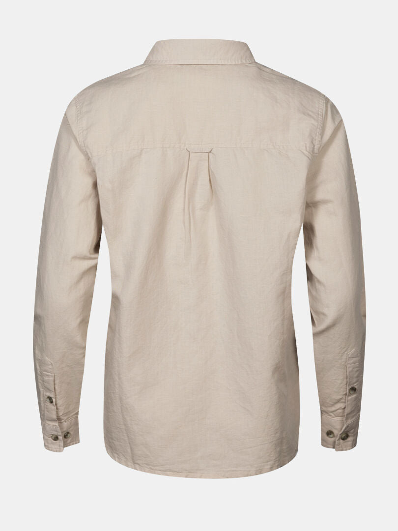 Back view of the Halti Notsgi Longsleeve Shirt Women's in beige with collar and buttoned cuffs on a plain background.