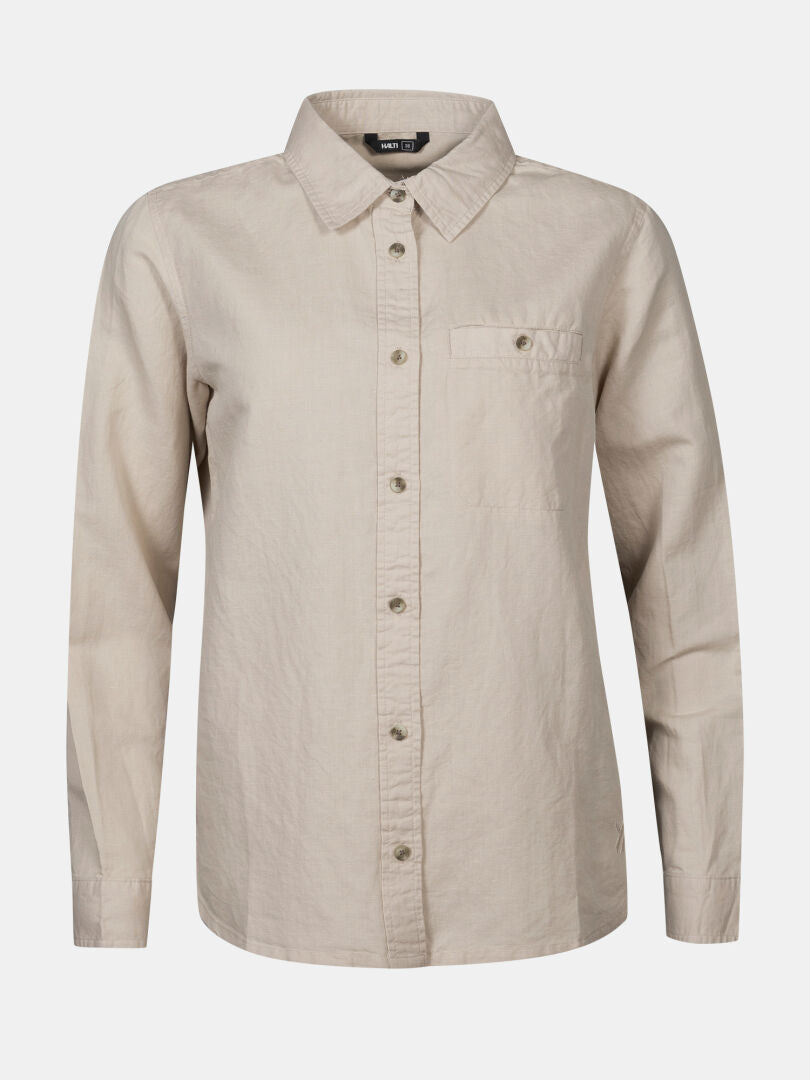 Halti Notsgi Longsleeve Shirt for women in beige organic cotton with collar and chest pocket, shown on plain background.