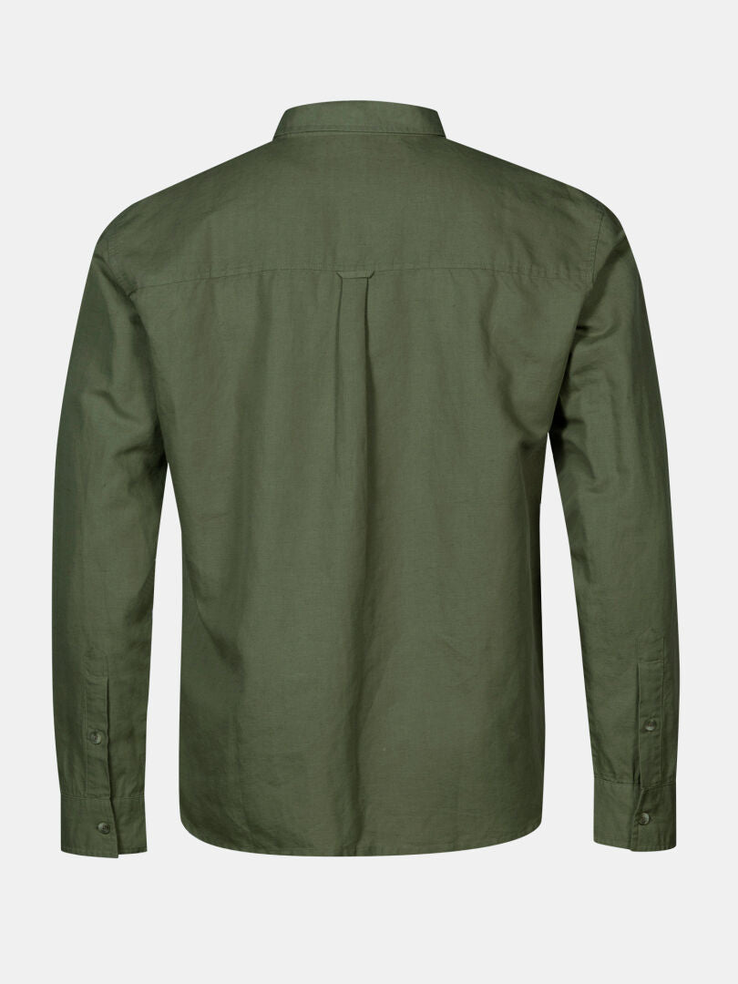 Back view of Halti Notsgi Longsleeve Shirt Men's in olive green hemp cotton, shown on a plain white background.