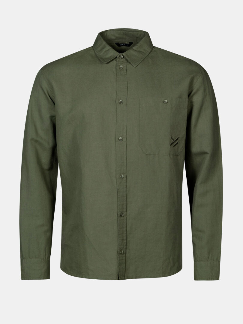 Halti Notsgi Longsleeve Shirt Men's: olive green hemp-cotton, chest pocket, pointed collar—great for everyday wear.