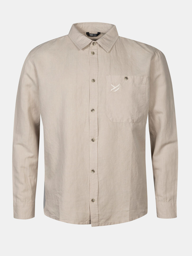 Halti Notsgi Longsleeve Shirt Men's: beige hemp-cotton, chest pocket, white bird embroidery.