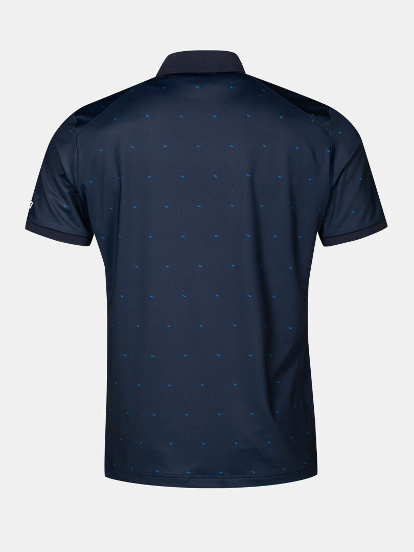 Back view of Halti Aridi Technical Polo Shirt Men's in navy blue Tech Jersey with subtle blue dot pattern.