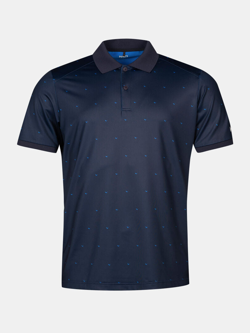 Halti Aridi Technical Polo Shirt Men's: navy with collar, button placket, light blue pattern; breathable golf style.