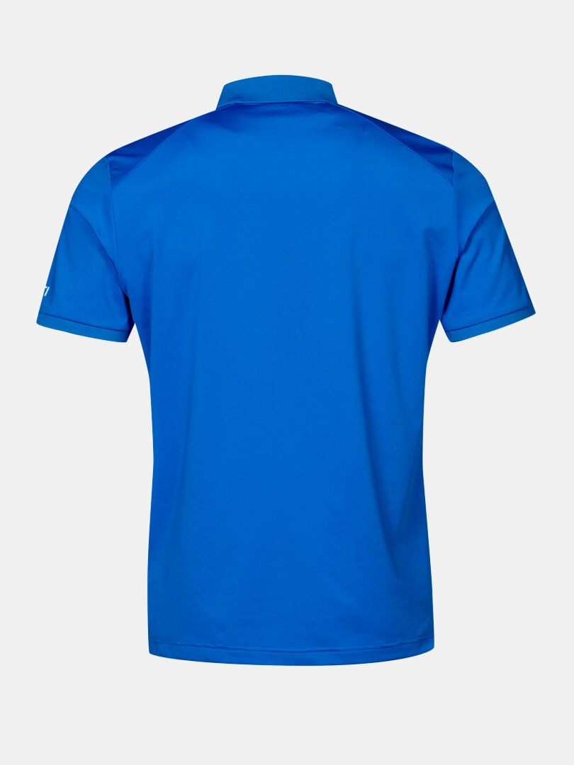 Back view of Halti Aridi Technical Polo Shirt Men's, blue, collared, short sleeves, on a plain white background.