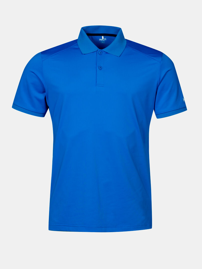 The Halti Aridi Technical Polo Shirt Men's is a quick-drying, bright blue collared tee with three buttons.