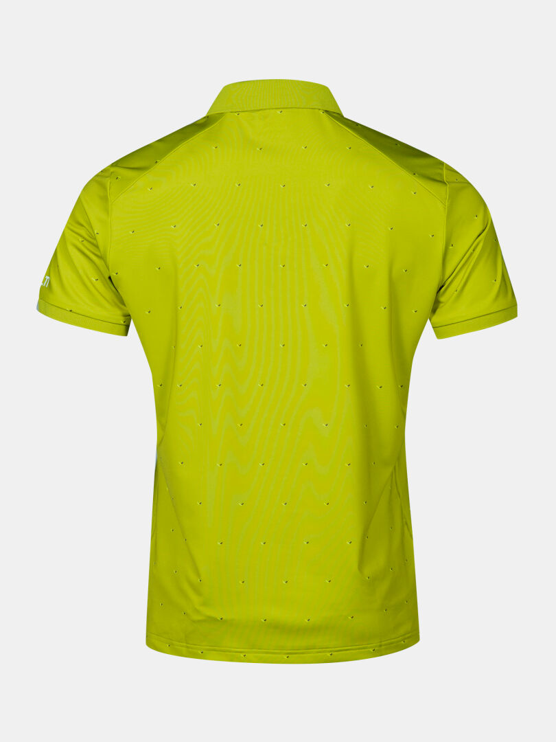 Back view of Halti Aridi Technical Polo Shirt Men's in bright green with dot pattern and collar on plain background.