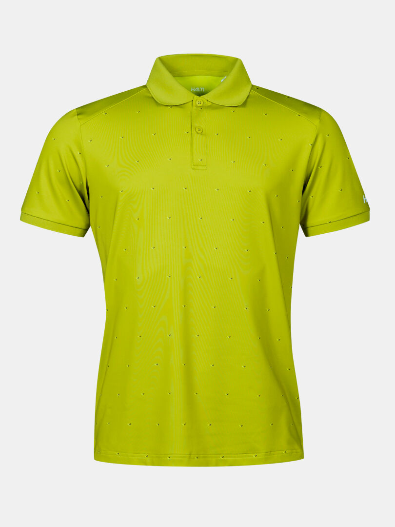 The Halti Aridi Technical Polo Shirt Men's in lime green features quick-dry fabric, a collar, and subtle dots on white.
