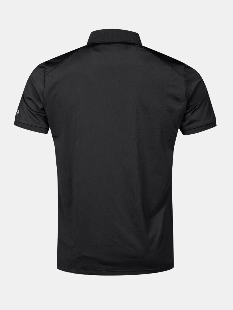 Back view of Halti Aridi Technical Polo Shirt Men's in black with collar, shown on white; ideal breathable golf wear.