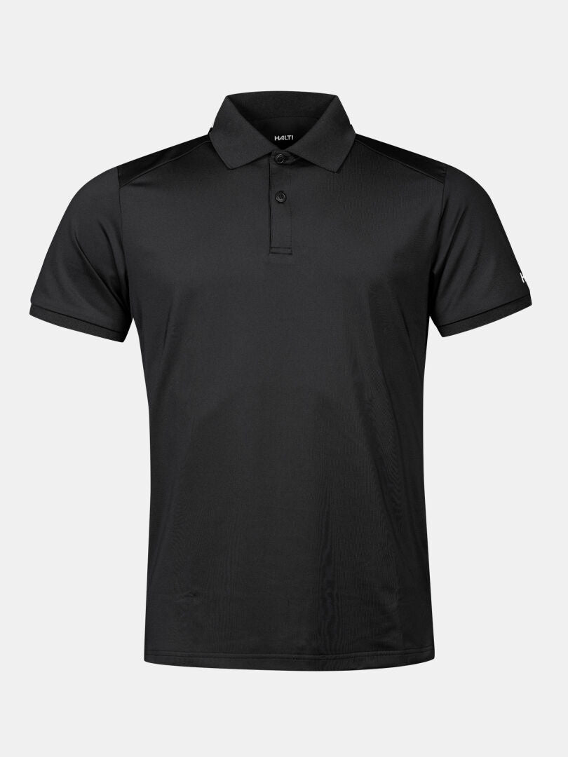 The Halti Aridi Technical Polo Shirt Men's is a black, quick-drying collared top with three buttons, shown on white.